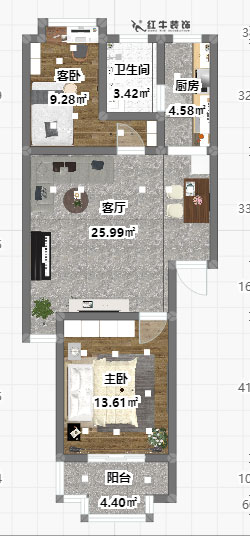 魏明花_一品嘉园2-305-76㎡-简约风格_2室1厅1卫_成品家￥117416→00彩平图