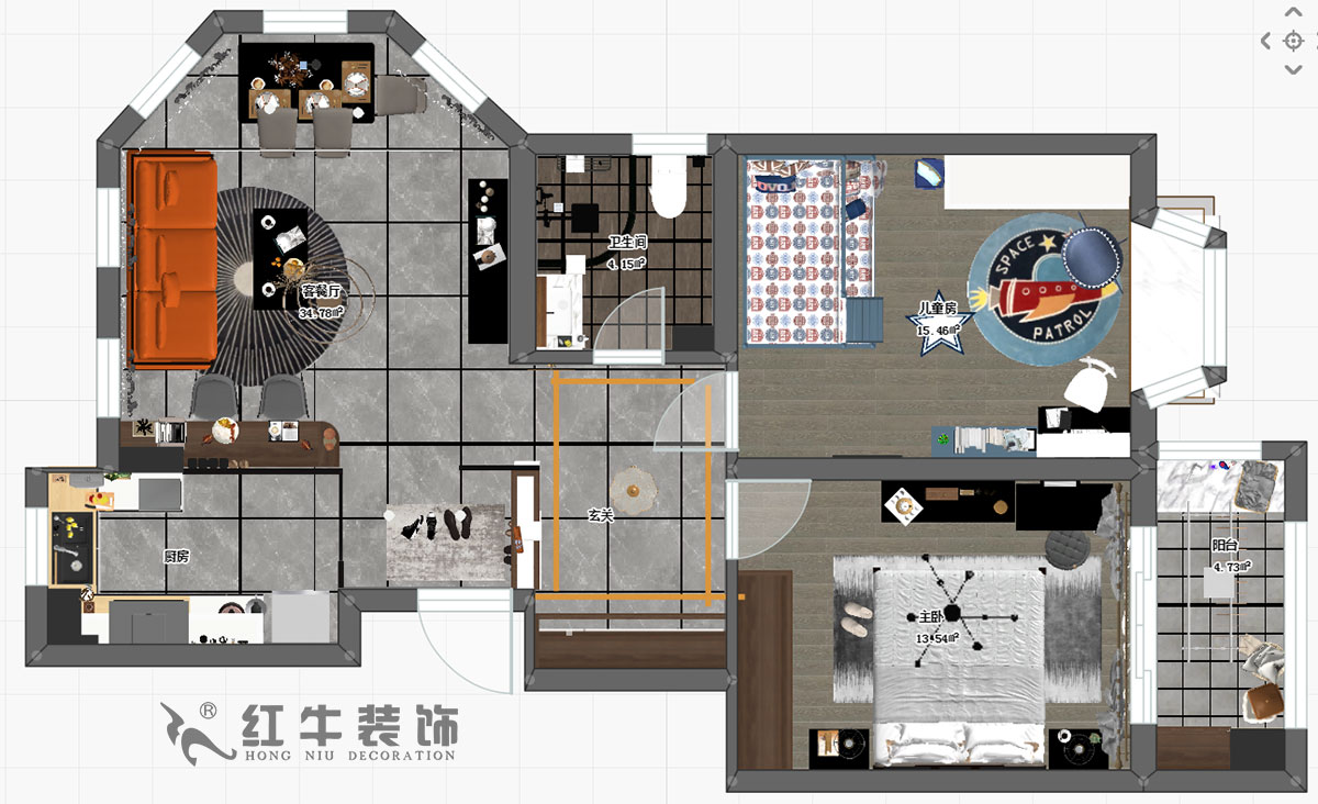 趙東星_碧瑤花園14-201-90㎡-現代風格_2室1廳1衛（老房翻新）_成品家￥113603_全包11萬00彩平圖