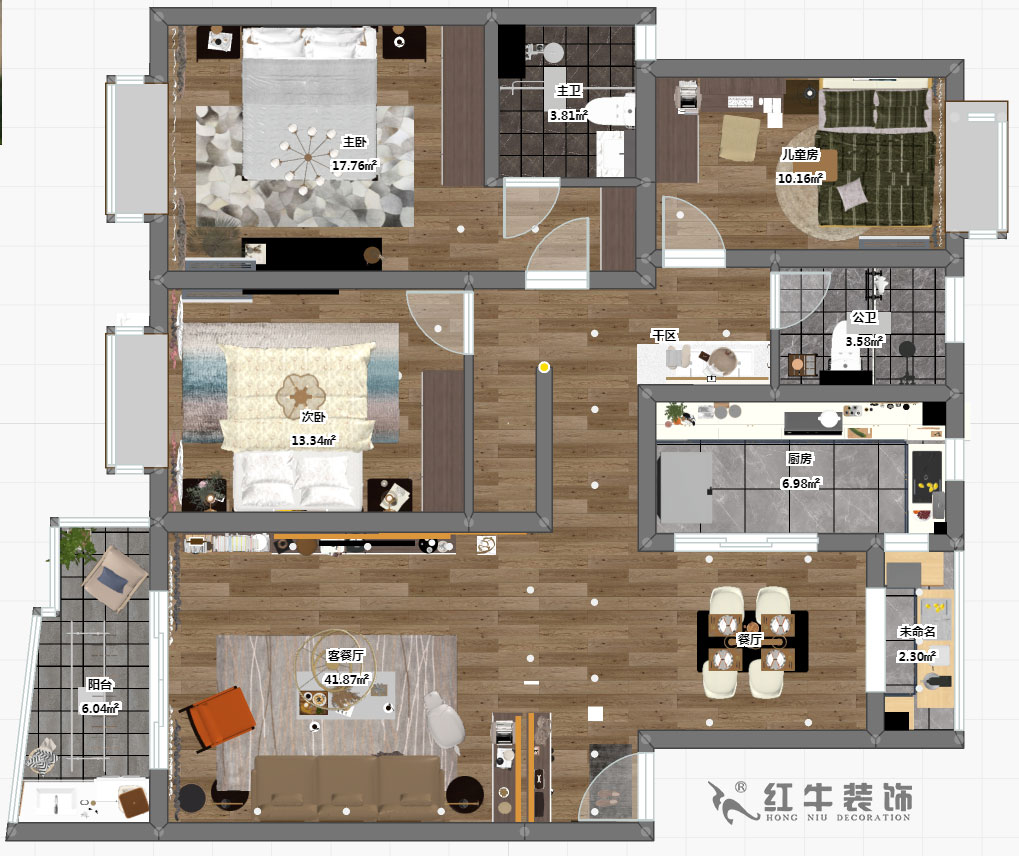 房亮_楓丹白露21-102-125㎡-現代簡約風格_3室2廳2衛（老房裝修）_定制家￥214554_全包22萬00_03彩平圖