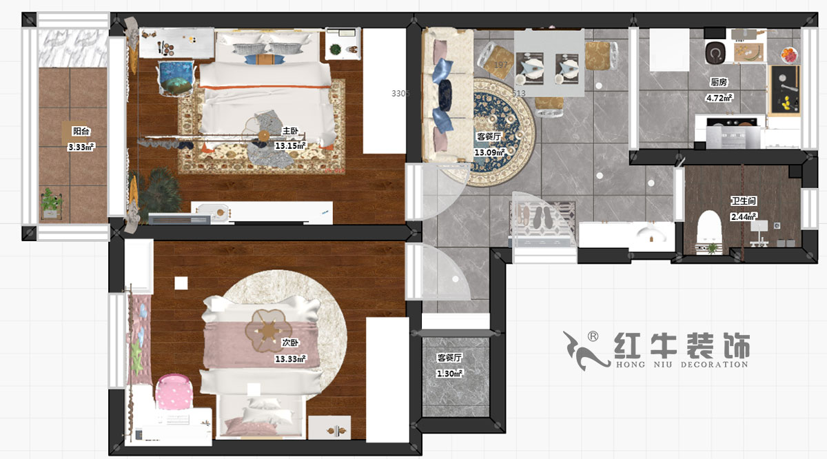 張桐瑋_武定新村41-402-60㎡-簡歐風格_2室1廳1衛（老房裝修）_定制家￥83500_全包10萬00_03彩平圖