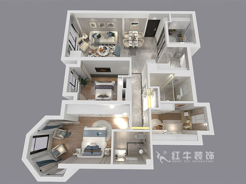 蔣琛_中南世紀雅苑6-801-105㎡-簡歐輕奢風格_3室2廳2衛(二手房裝修)_定制家¥176971_全包15萬00_04鳥瞰圖