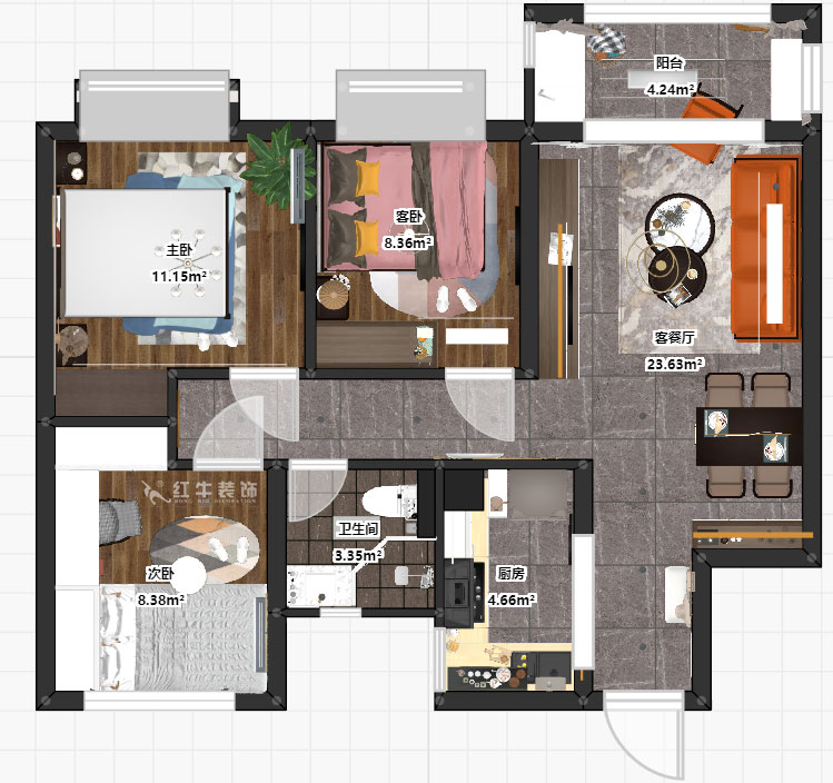 朱明琪_印象花園3-803-89㎡-現代輕奢風格_3室2廳1衛(新房裝修)_成品家¥100000_全包13萬00_03彩平圖