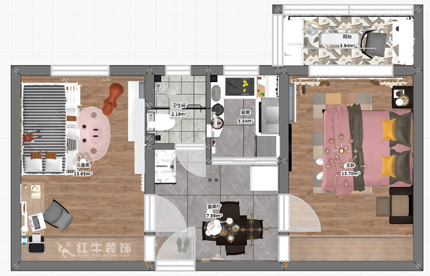 高靈慧｜華新巷16-405-55㎡-北歐風格｜2室1廳2衛｜老房裝修｜定制家￥100000｜全包10萬｜00_03彩平圖