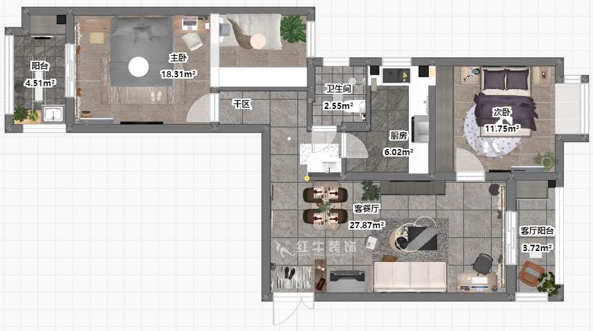 仇美蓉|御道嘉庭1-1-704-90㎡-簡約風格|2室2廳1衛|新房裝修|定制家¥120137|全包12萬|00_03彩平圖