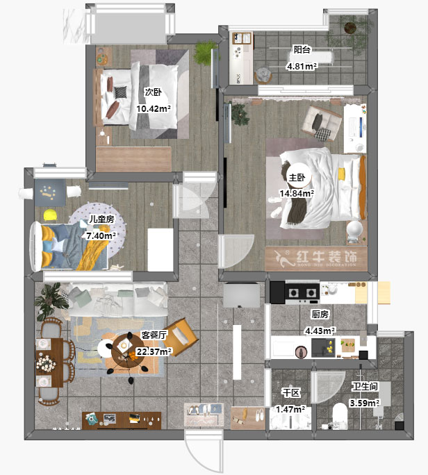 夏清｜上城風景北苑7-207-87㎡-現代風格｜3室2廳1衛｜舊房裝修｜定制家￥107500｜全包10