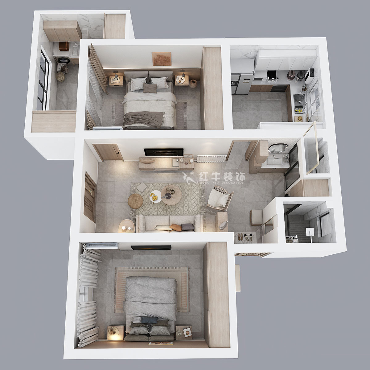 朱明琪｜有福家苑34-104-82㎡-現(xiàn)代簡(jiǎn)約原木風(fēng)格｜2室2廳1衛(wèi)｜老房裝修｜定制家￥131000｜全包14萬｜00_04鳥瞰圖