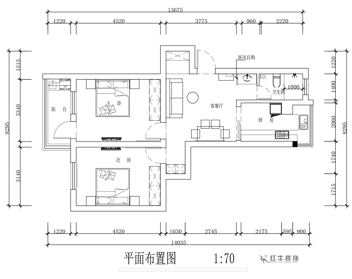 蔣琛｜安泰村21-401-80㎡-現代簡約風格｜2室1廳1衛｜舊房裝修｜定制家￥126767｜全包12萬｜00_02平面布置圖