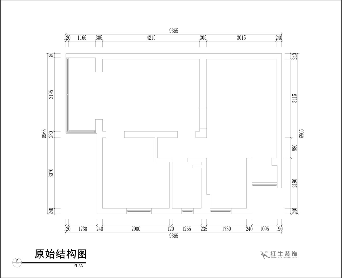 張桐瑋｜騰飛園7-104-58㎡-現代簡約風格｜2室1廳1衛｜舊房改造｜定制家￥65000｜全包10萬｜00_01原始結構圖