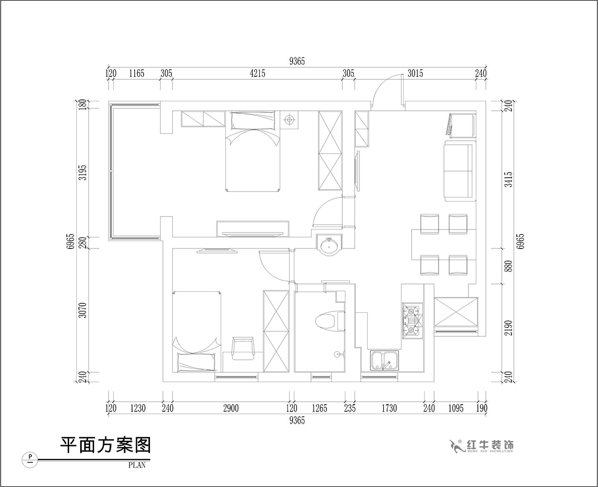 張桐瑋｜騰飛園7-104-58㎡-現代簡約風格｜2室1廳1衛｜舊房改造｜定制家￥65000｜全包10萬｜00_02平面方案圖