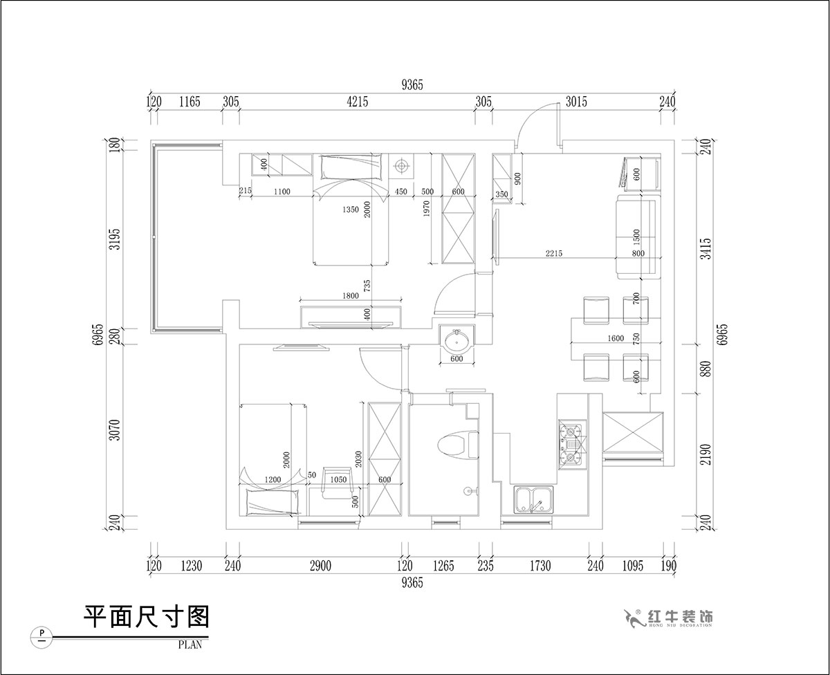 張桐瑋｜騰飛園7-104-58㎡-現代簡約風格｜2室1廳1衛｜舊房改造｜定制家￥65000｜全包10萬｜00_03平面尺寸圖
