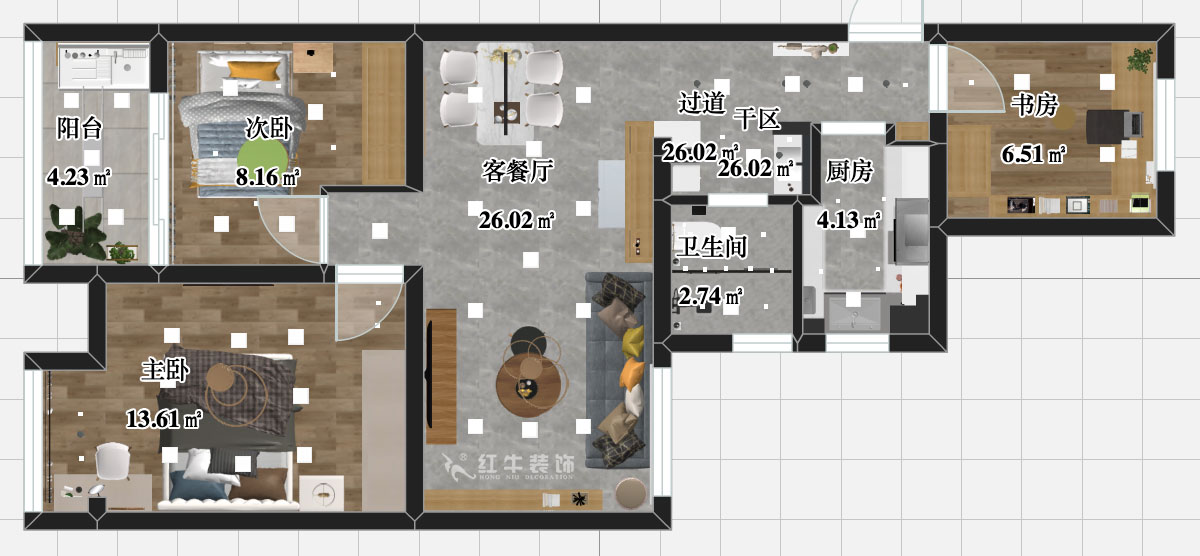 張智猿｜紫楊佳園二期22-407-86㎡-北歐風格｜3室2廳1衛｜新房裝修｜定制家￥108698｜全包11萬｜00_03平面彩圖