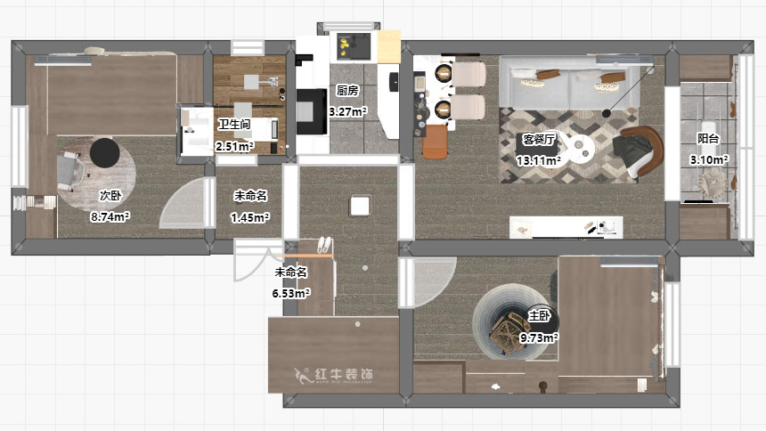 孟憲濤｜張府園小區(qū)20號(hào)202室-70㎡-簡(jiǎn)約風(fēng)格｜2室1廳1衛(wèi)｜老房裝修｜定制家￥95000｜全包12萬｜00_03平面彩圖
