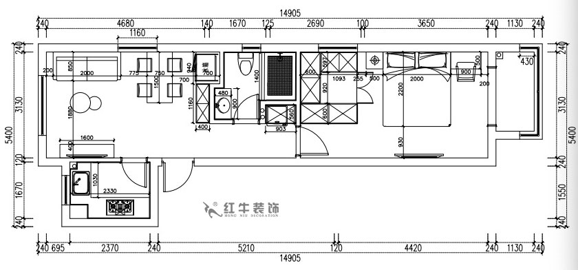 張桐瑋｜紫楊佳園29-2101-59㎡-現代簡約風格｜2室1廳1衛｜新房裝修｜定制家￥89500｜全包10萬｜00_03平面尺寸圖