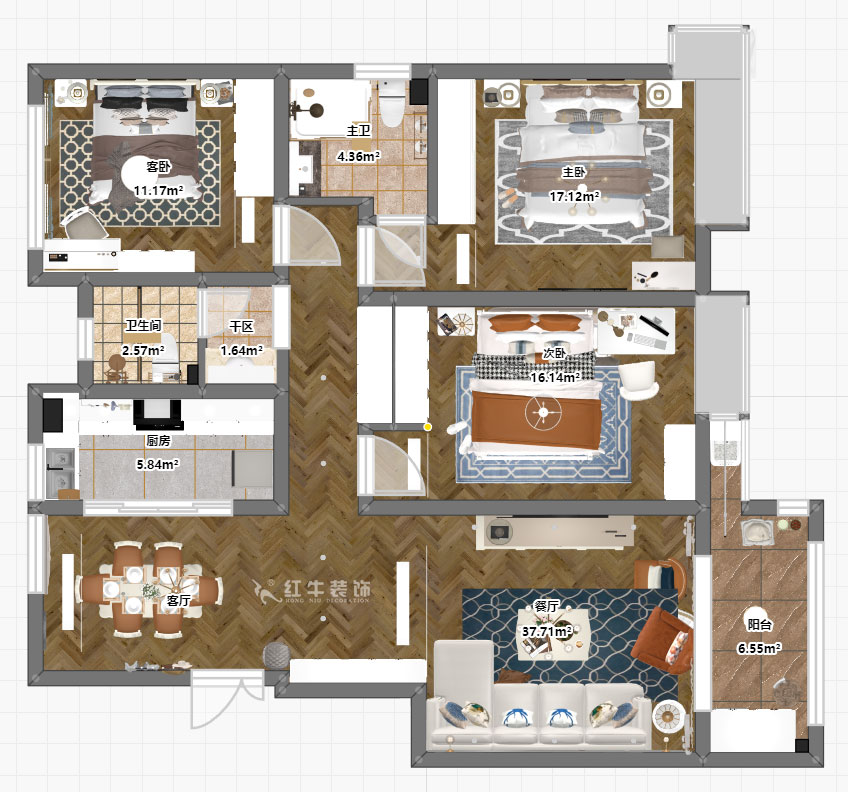 劉萍萍|紫金佳苑11-801-130㎡-簡歐風格|4室2廳2衛|老房裝修|定制家¥183694|全包18