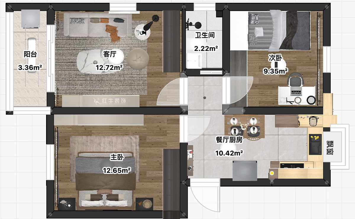 朱彥｜普德村118號4-406-65㎡-簡約風格｜2室2廳1衛｜老房裝修｜定制家｜全包11萬｜00_03平面彩圖