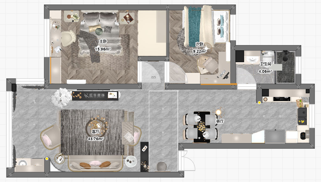 朱彥|御水灣花園17-1-302-90㎡-簡美風格|2室2廳1衛(wèi)|老房裝修|定制家|全包12萬|00_03平面彩圖