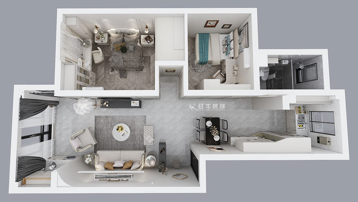 朱彥|御水灣花園17-1-302-90㎡-簡美風格|2室2廳1衛(wèi)|老房裝修|定制家|全包12萬|00_04鳥瞰圖