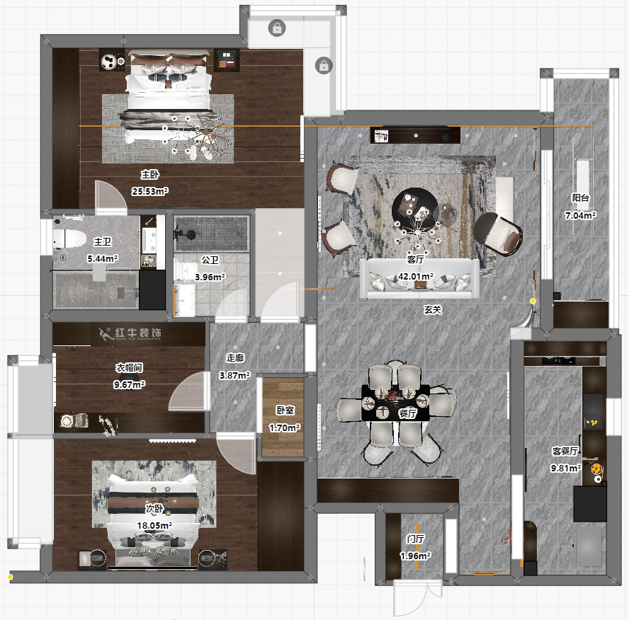 蔣?。┞°懢舾?-501-170㎡-中式風格｜3室2廳2衛｜舊房裝修｜定制家｜全包22萬｜00_03平面彩圖
