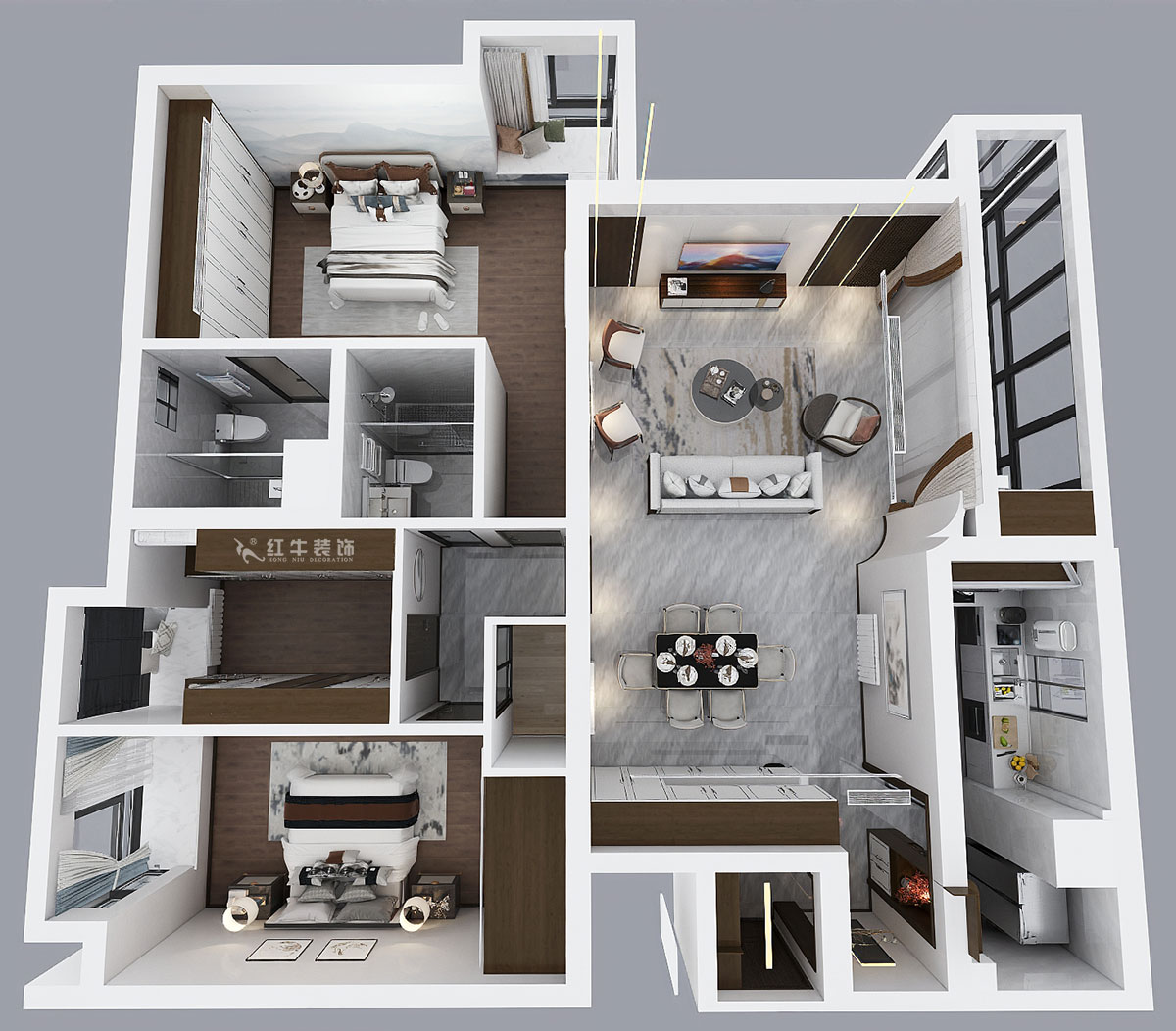 蔣?。┞°懢舾?-501-170㎡-中式風格｜3室2廳2衛｜舊房裝修｜定制家｜全包22萬｜00_04鳥瞰圖