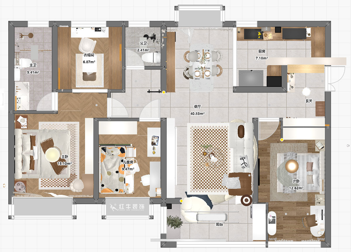 魏明花|睿創(chuàng)新筑3期C2-2204-132㎡-現(xiàn)代簡約風格|4室2廳2衛(wèi)|毛坯房裝修|定制家|全包23萬|00_03平面彩圖