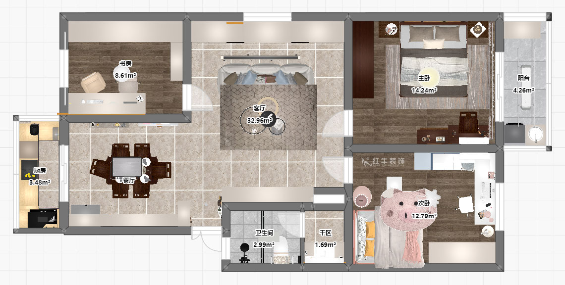 孟憲濤|牡丹里17-601-108㎡-現(xiàn)代簡約風格|3室2廳2衛(wèi)|老房裝修|定制家|全包14萬|00_03平面彩圖