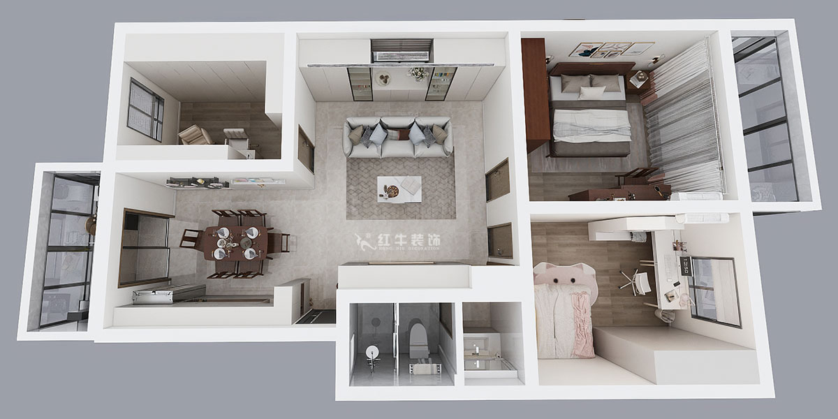 孟憲濤|牡丹里17-601-108㎡-現(xiàn)代簡約風格|3室2廳2衛(wèi)|老房裝修|定制家|全包14萬|00_04鳥瞰圖