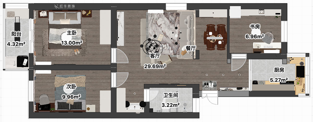吳波｜寧工新寓一村44-502-90㎡-現代簡約風格｜3室2廳1衛｜舊房裝修｜定制家｜全包12萬｜00_04平面彩圖