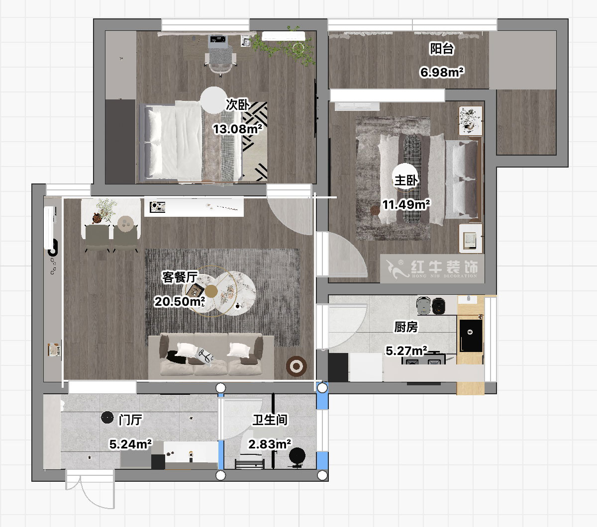 朱彥｜建康花苑4-505-89㎡-現代簡約風格｜2室2廳1衛｜老房改造｜定制家｜全包12萬｜00_03平面彩圖