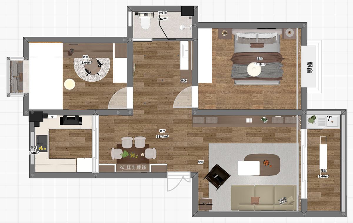 朱明琪|天潤(rùn)城六街區(qū)30-103-85㎡-原木風(fēng)格|2室1廳1衛(wèi)|老房裝修|定制家|全包11萬|00_03平面彩圖