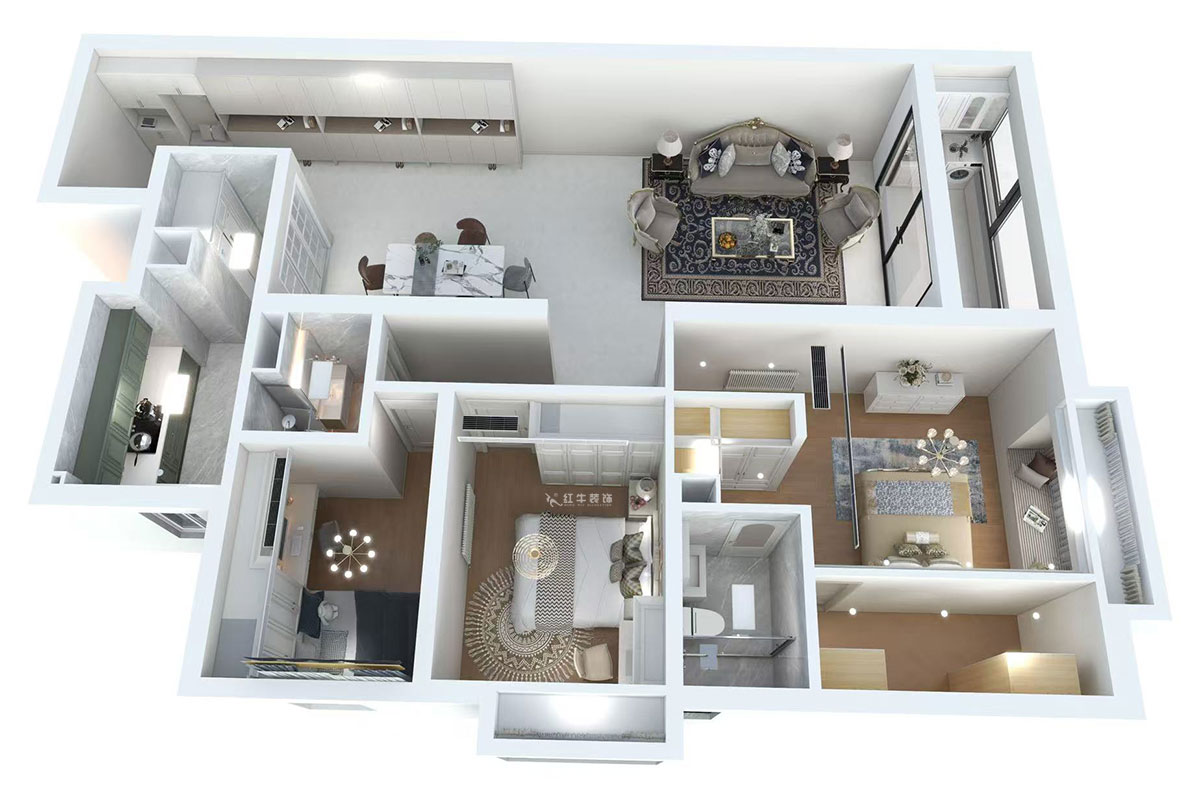 蔣?。┞∶?-1907-160㎡-法式風格｜3室2廳2衛｜舊房裝修｜定制家｜全包22萬｜00_04鳥瞰圖