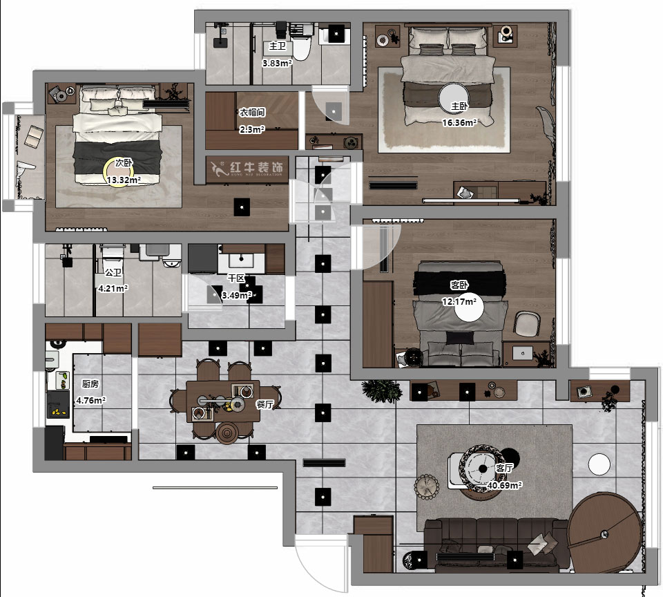 朱彥|聚寶山莊海棠街區5-1203-130㎡-現代簡約風格|3室2廳2衛|老房改造|定制家|全包16萬|00_03平面彩圖