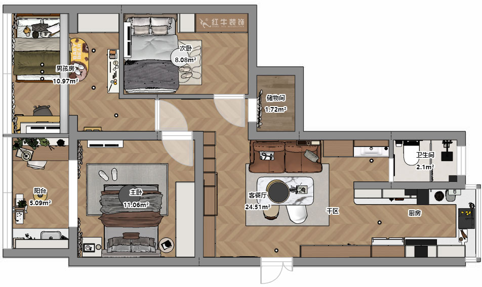 朱明琪|金基公寓4-105-73㎡-原木風格|3室1廳1衛|老房改造|定制家|全包11萬|00_03平面彩圖