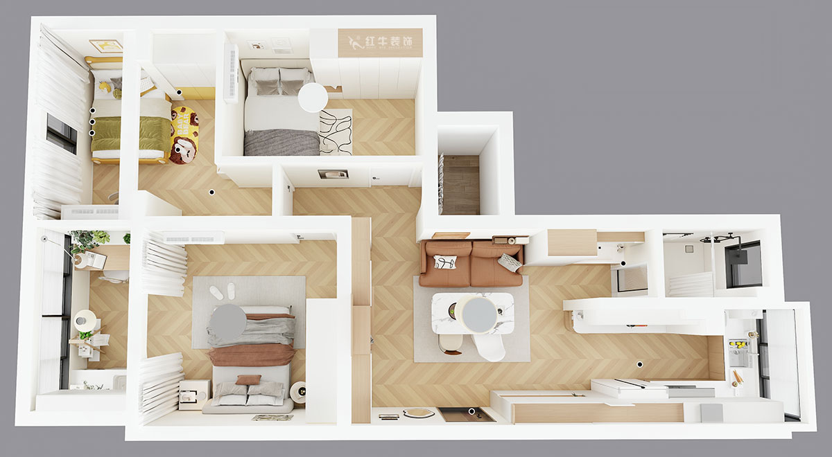 朱明琪|金基公寓4-105-73㎡-原木風格|3室1廳1衛|老房改造|定制家|全包11萬|00_04鳥瞰圖