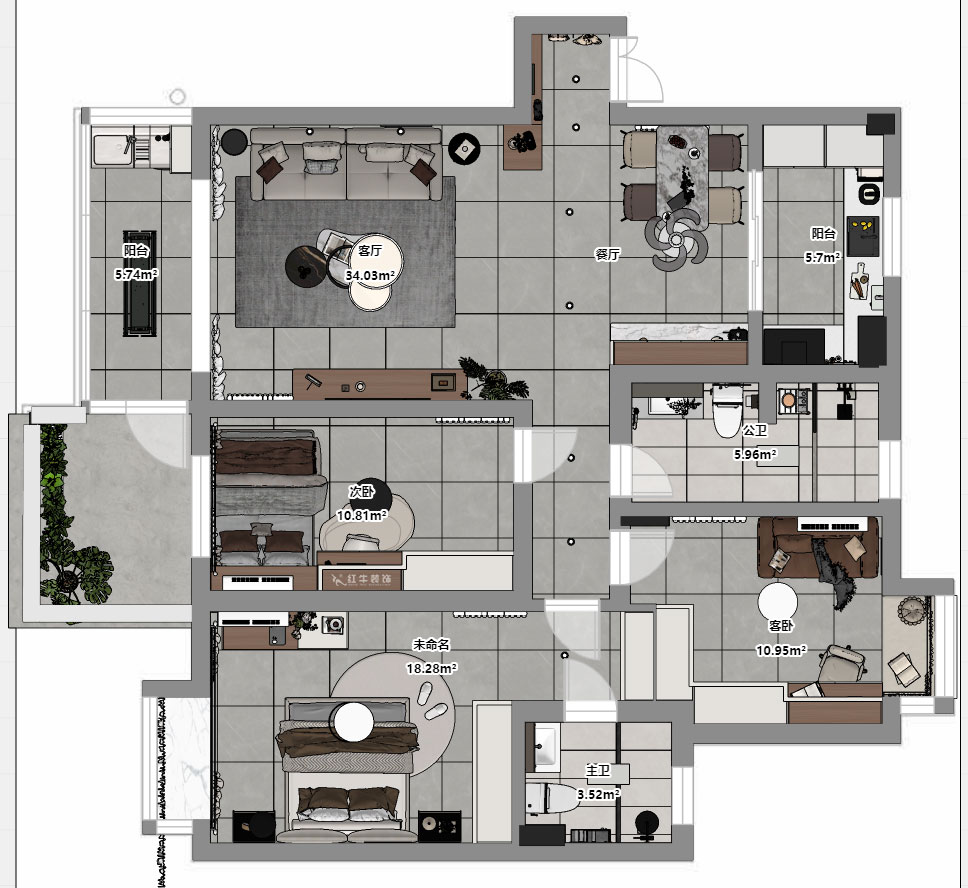 蔣琛|江南明珠6-1-401-115㎡-現代簡約風格|3室2廳2衛|老房裝修|定制家|全包13萬|00_03平面彩圖