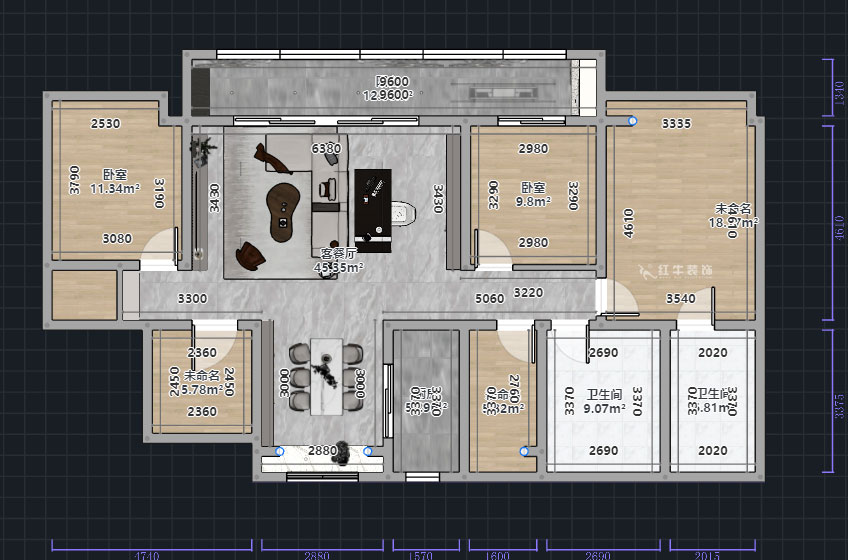 熊皓宇|頤和鉑岸江璟-140㎡-現代輕奢風格|精裝修局改|00_01平面彩圖