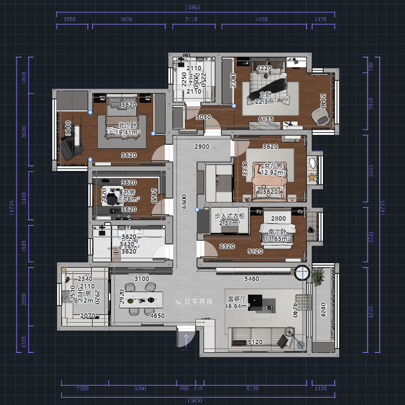 熊皓宇|翠屏東南-180㎡-現(xiàn)代風(fēng)格|5室2廳2衛(wèi)|新房裝修|定制家|全包|00_01平面彩圖