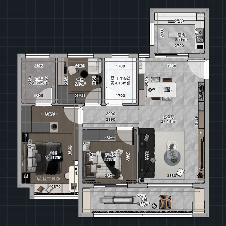 熊皓宇|華發四季雅筑-120㎡-現代風格|3室2廳2衛|精裝修改造|00_01平面彩圖