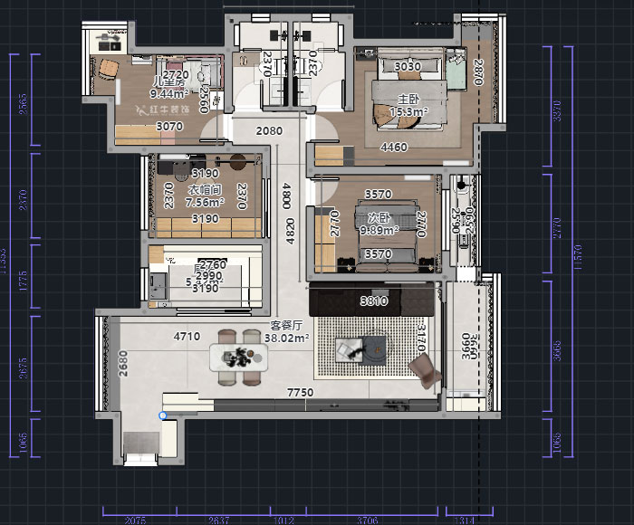 熊皓宇｜啟迪方洲-120㎡-現代風格｜4室2廳2衛｜老房裝修｜半包8