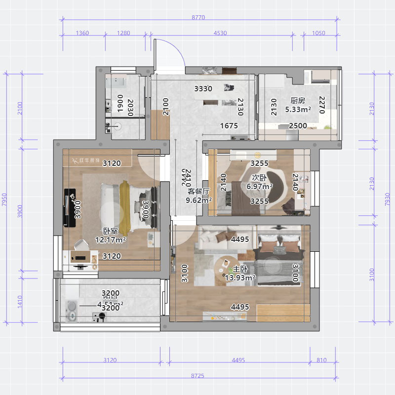 蔣琛|成賢街92號院9-301-68㎡-現(xiàn)代簡約風格|3室1廳1衛(wèi)|老房裝修|定制家|全包10萬|00_03平面彩圖