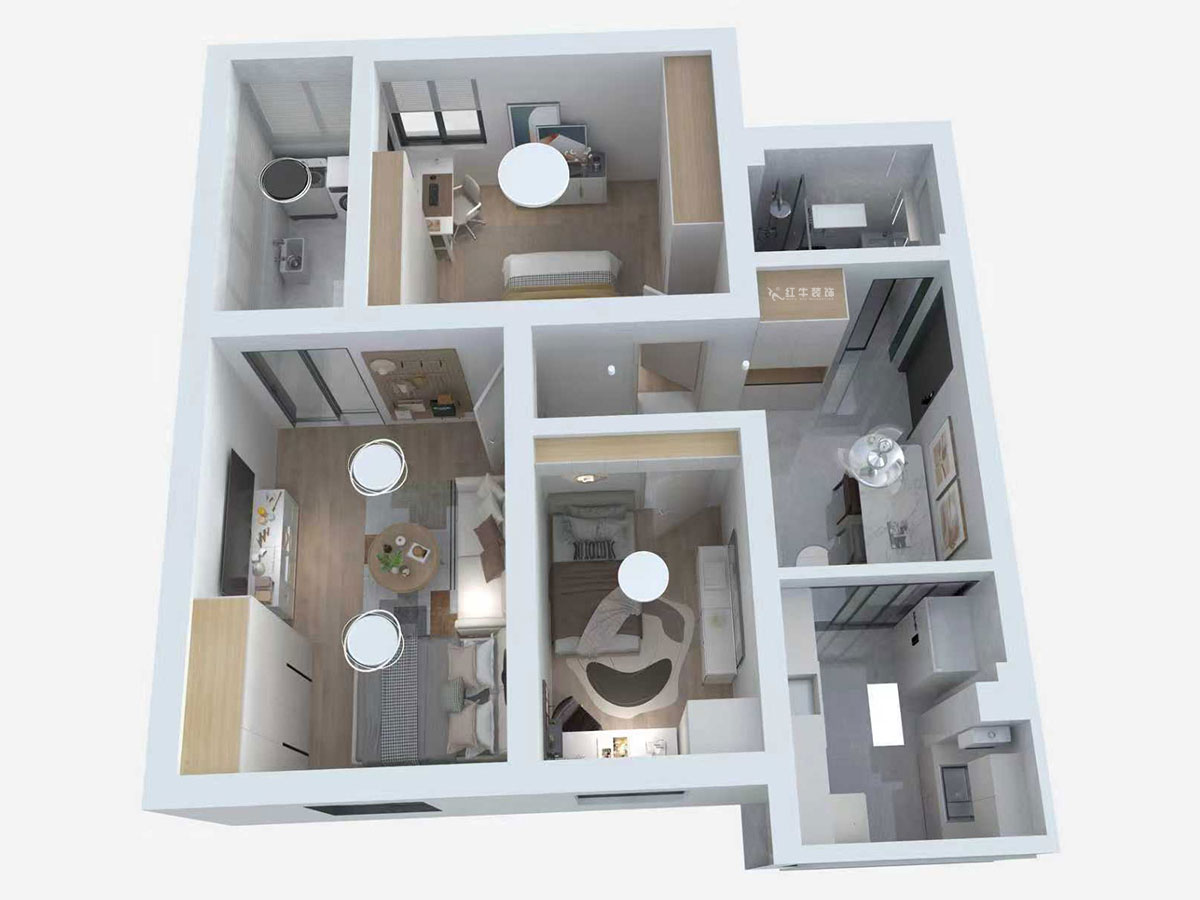 蔣琛|成賢街92號院9-301-68㎡-現(xiàn)代簡約風格|3室1廳1衛(wèi)|老房裝修|定制家|全包10萬|00_04鳥瞰圖