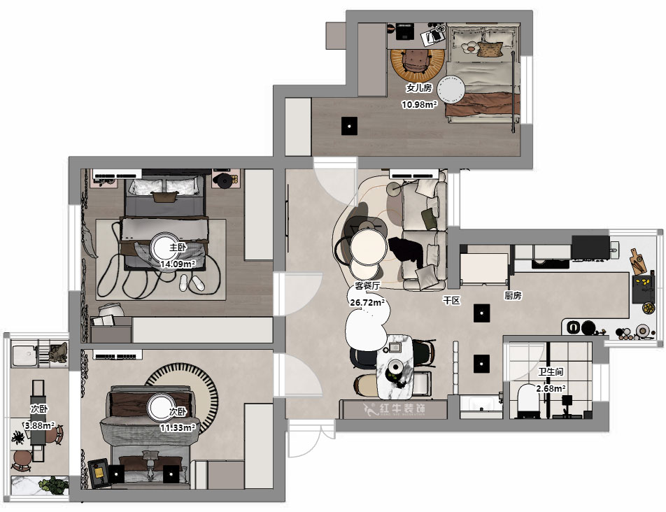 朱明琪|明月新寓花園12-102-85㎡-現代簡約風格|3室1廳1衛|老房改造|定制家|全包11萬|00_03平面彩圖