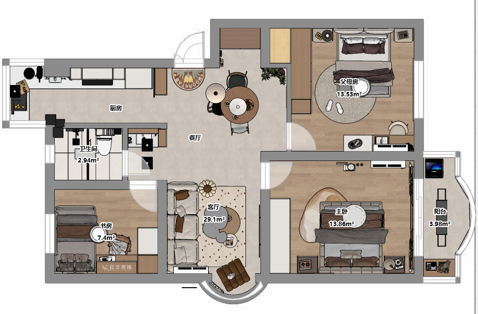 仇美蓉|裕華新村2-3-406-86㎡-簡約風格|3室2廳1衛|老房裝修|定制家|全包10萬|00_03平面彩圖