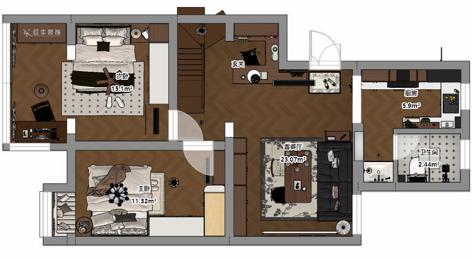 蔣琛｜奧體新城翠杉園15-507-(72+40)㎡-中古風｜復式｜2室1廳1衛+閣樓｜老房裝修｜定制家｜全包12萬｜00_03平面彩圖